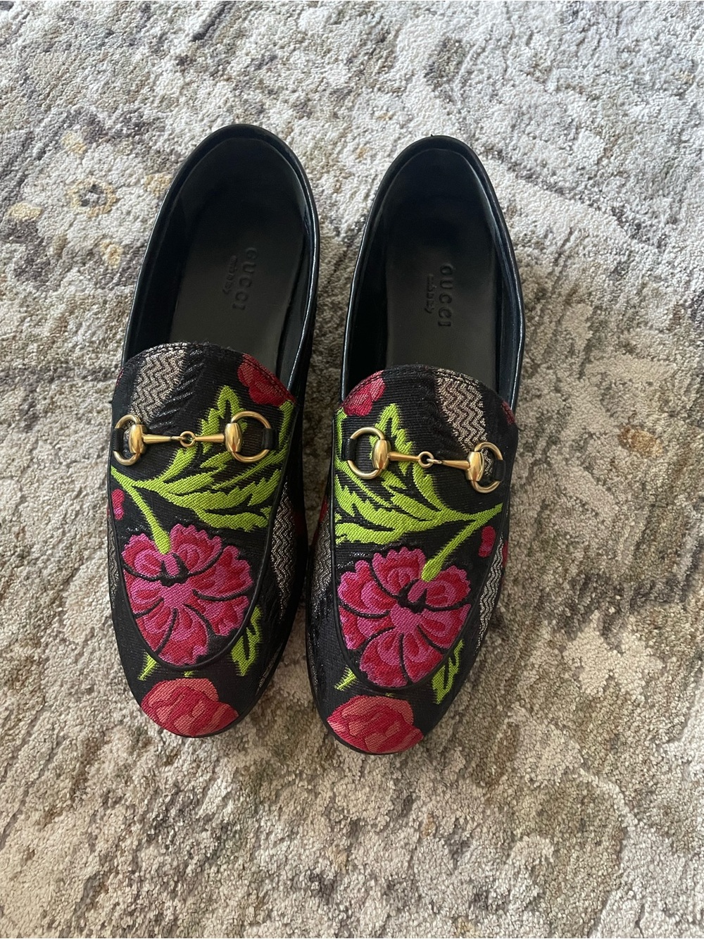 Gucci Black Floral Embroidered Horsebit Loafers